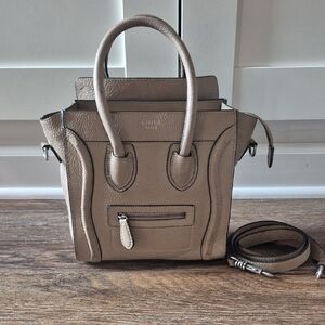 Celine Drummed Calfskin Nano Luggage Dune Taupe Crossbody Purse